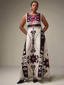 SHEIN Tall CURVE Street Style Plus Size Women Tropical Rainforest Print Sleeveless Maxi Dress,Boho Clothes Women Graphic Dress Unique Dress Patchwork Dress Floral Print Maxi Dress Abstract Print Dress Patch Work Dress Long Dress Summer Mexican Style Dress Women
