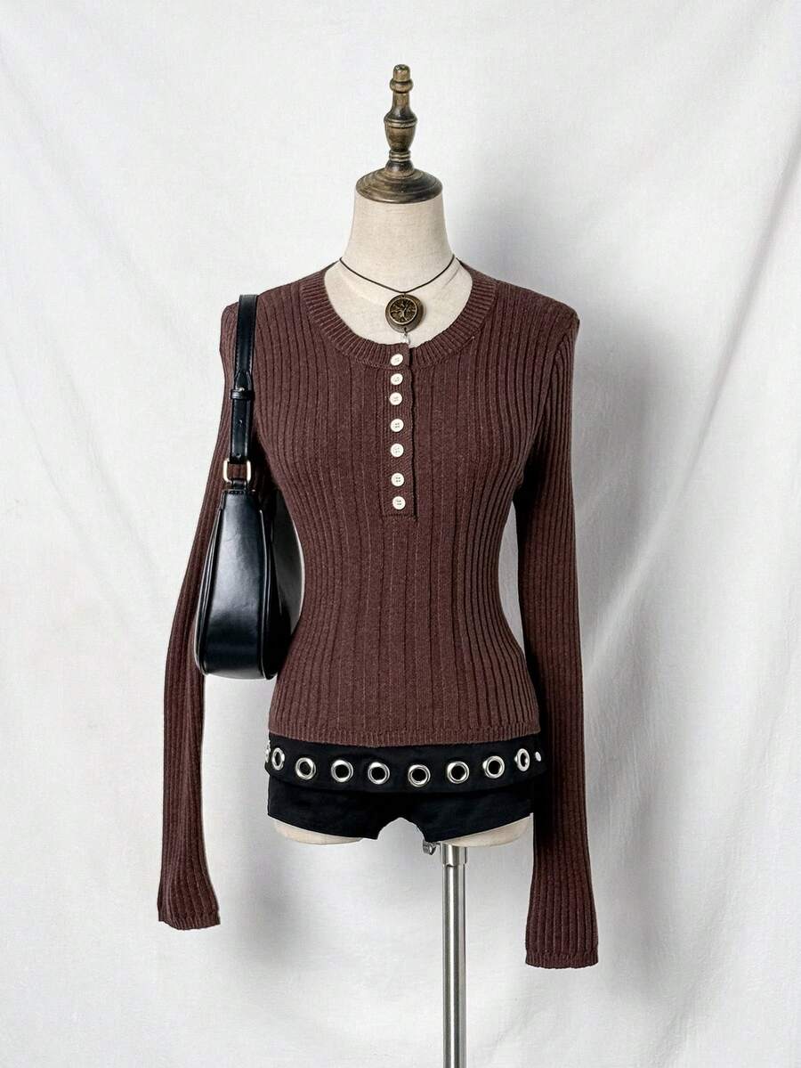 SHEIN Unity Henry Neck Button Sweater, Casual Winter Ladies Knitted Sweater - Brown - View 1