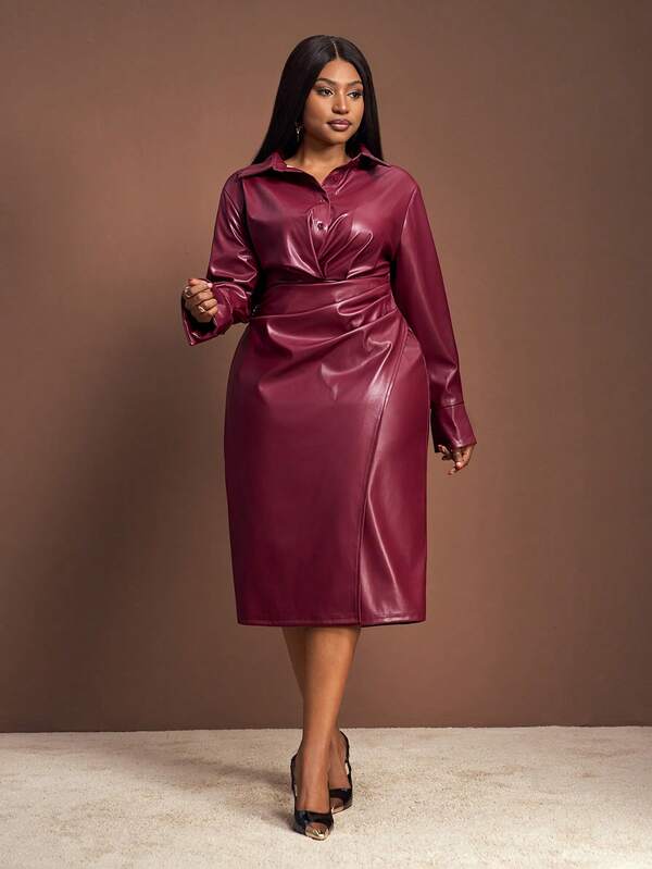 Veslaya Vestido de mujer talla grande otoño/invierno 2025, elegante vestido camisero midi con mangas acampanadas, cintura en tono púrpura rojo con efecto twist, adecuado para festival de música country, invitada de boda, cita, ocasión formal, fiesta, ir al trabajo