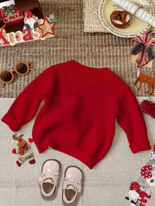 SHEIN Dziewczęcy sweterek świąteczny z nadrukiem w litery, luźny krój, okrągły dekolt, długi rękaw, odpowiedni na jesień/zimę