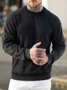 Manfinity CasualCool Men's Solid Color Round Neck Casual Versatile Long Sleeve Pullover Sweatshirt Men Clothes Street Wear Knit Wear Men Jumper For Men - Black - View 4