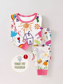 1 set Pijama ajustado con estampado de graffiti de crayones de dibujos animados para niñas jóvenes, con top de manga larga y pantalones, para primavera/otoño - Rosa - Ver 1
