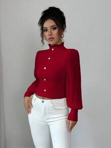 Elenzga Suéter de cuello alto con botones de perla beige, estilo vintage de palacio, elegante, de manga farol, de gasa crema con parches, para otoño/invierno - Rojo - Ver 4