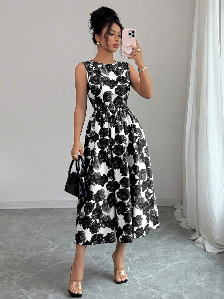 Rafferiza 女士优雅印花中长连衣裙 - 黑與白 - 查看 1