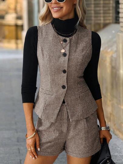 Solivie New Women's Autumn/Winter Clothing Women's Houndstooth Sleeveless Top And Shorts 2 Pieces Set Brown Outfits For Women  Vest And Skirt Set Tweed Two Piece Set Plaid Two Piece Set Tweed Dresses For Women Blazer Dresses For Women 
Brown Plaid Tweed Suit Tweed Vest And Shorts Plaid Vest And Shorts  Plaid Autumn/Winter Brown Plaid Wool Suit - Elegant, Versatile, Classic, Warm With Lining