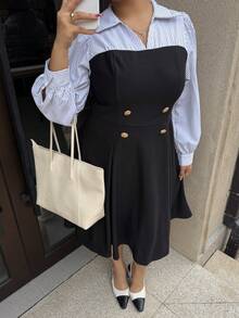 Dripcurv 大码女式秋冬黑白撞色优雅通勤中长连衣裙，优雅连衣裙，新年连衣裙，圣诞节女装，感恩节女装，派对连衣裙 - 黑與白 - 查看 4