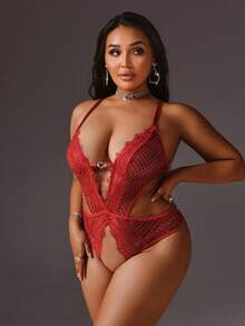 SpicyHot Bộ đồ liền thân hở đáy lưới và ren hở đáy cỡ lớn cực kỳ gợi cảm - Màu Đỏ Sâu - Xem 6