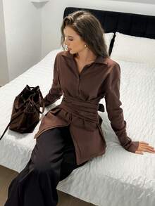 Easowa Elegant Women's Cotton Elegant Commuter Brown Top Tie Waist Blouse Stylish Long Sleeve Top Business Going Out Top - Redwood - View 5
