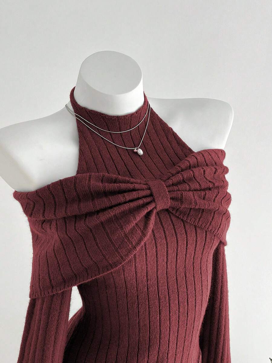 Elamini 1pc Women's Charcoal Gray Personalized Delicate Halter Tie Bow Design Asymmetrical Shoulder Asymmetric Hem Elastic Knit Casual Sweater, Autumn/Winter - Burgundy - View 1