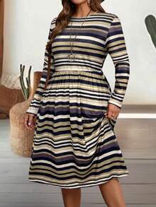 EMERY ROSE Plus Size Women Autumn Long Sleeve Striped Dress - Multicolor - View 4