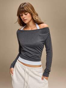 Hanevo Women's Dark Grey Knitted Casual Halter Ruched Long Sleeve Top - Dark Grey - View 1
