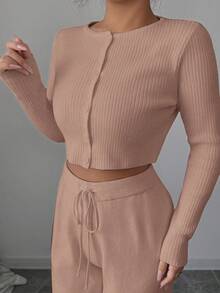Modelyn Women's Elegant Solid Color Ribbed Knit Sweater And Wide Leg Pants 2 Pieces Set, Autumn - Dusty Pink - View 6