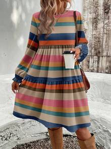 EMERY ROSE Casual Minimalist Autumn/Winter Colorblock Striped Pattern Loose Fit Crew Neck Plus Size Dress New Year Party - Multicolor - View 3