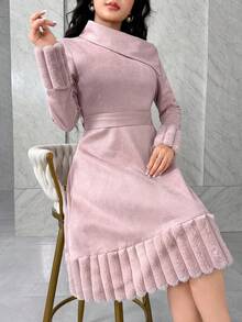 Feyla Váy dài vừa phải bằng vải da lộn chắp vá có gân, cổ thắt lưng cho nữ, phù hợp cho mùa thu đông - Bụi hồng - Xem 1