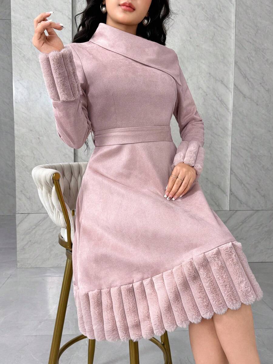 Feyla Váy dài vừa phải bằng vải da lộn chắp vá có gân, cổ thắt lưng cho nữ, phù hợp cho mùa thu đông - Bụi hồng - Xem 1