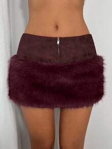 TRNVIE 1件棕色冬季假日仿毛皮拼接扎染PU拉链修身低腰复古性感女式迷你裙 - 酒紅色 - 查看 6