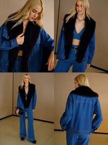 MOTF PREMIUM CHAQUETA DE MEZCLILLA CON BLOQUES DE COLOR Y FORRO DE PIEL SINTÉTICA DE CONTRASTE - Azul lavado medio - Ver 6