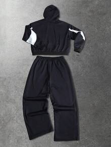 ROMWE MEN Casual Conjunto de sudadera con capucha y pantalón de chándal con parches de colores contrastantes para hombre - Negro - Ver 2