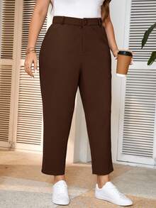 SHEIN Frenchy 秋冬加大码棕色纽扣正式优雅西装裤 - 棕色 - 查看 6