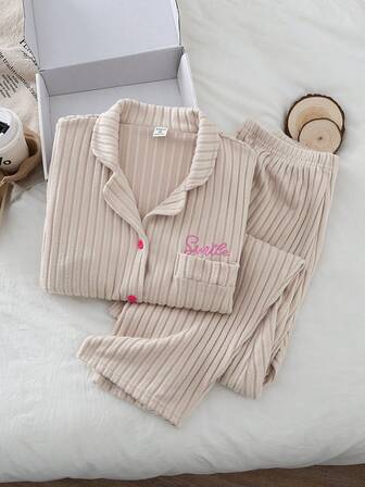 Genkimix Kids Aprikosröd ribbad termofodrad kofta och byxor med broderi för tonårsflickor