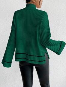 SHEIN LUNE Women's Casual Everyday Commute High Neck Flare Sleeve Contrast Striped Pattern Dropped Shoulder Loose Pullover Sweater, Autumn/Winter - Dark Green - View 2