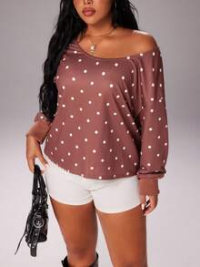 Rustia Plus Size Women's Polka Dot Sweatshirt, Brown, Casual & Comfortable Pullover Sweatshirt For Autumn/Winter Casual - Brown - View 2