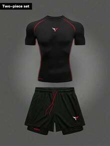 Manfinity Sport Corelite 男士夏季撞色滚边公牛印花插肩短袖T恤和抽绳腰带短裤二合一运动套装 - 黑色 - 查看 1