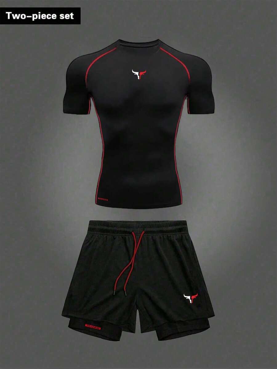 Manfinity Sport Corelite 男士夏季撞色滚边公牛印花插肩短袖T恤和抽绳腰带短裤二合一运动套装 - 黑色 - 查看 1