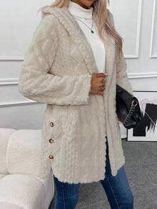 SHEIN LUNE 女士休闲常规款连帽长袖单排扣毛绒外套，秋冬款 - 米色 - 查看 7