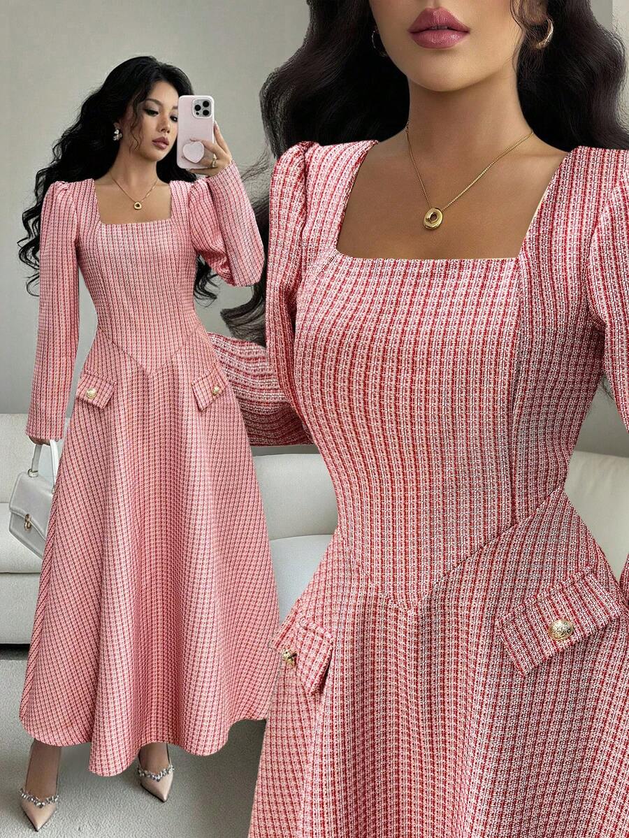 Elenzga Women's Multi-Color Fabric Square Neck Faux Pocket Rivet Decor Splice A-Line Long Sleeve Commuter Dress, Autumn - Red and White - View 1