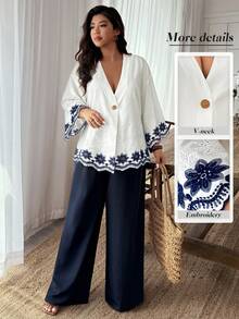 SHEIN LUNE 2 piezas Conjunto de traje de talla grande para mujer con contraste de color bordado y manga media, para otoño/invierno - Azul y blanco - Ver 1