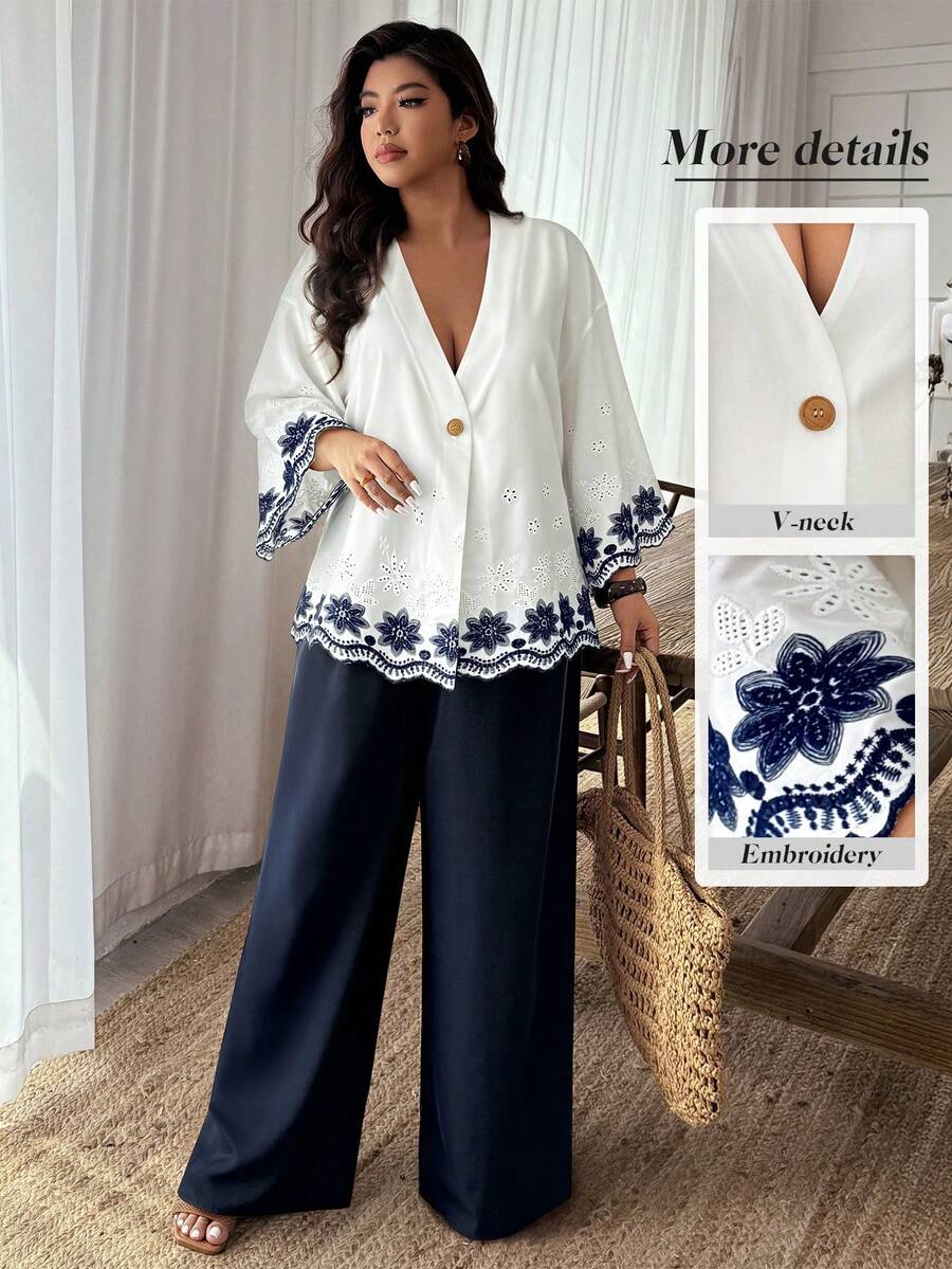 SHEIN LUNE 2 piezas Conjunto de traje de talla grande para mujer con contraste de color bordado y manga media, para otoño/invierno - Azul y blanco - Ver 1