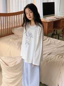 DAZY 2件套/套 少女圆领针织印花长袖T恤+条纹长裤家居服套装，秋季 - 藍色 - 查看 2