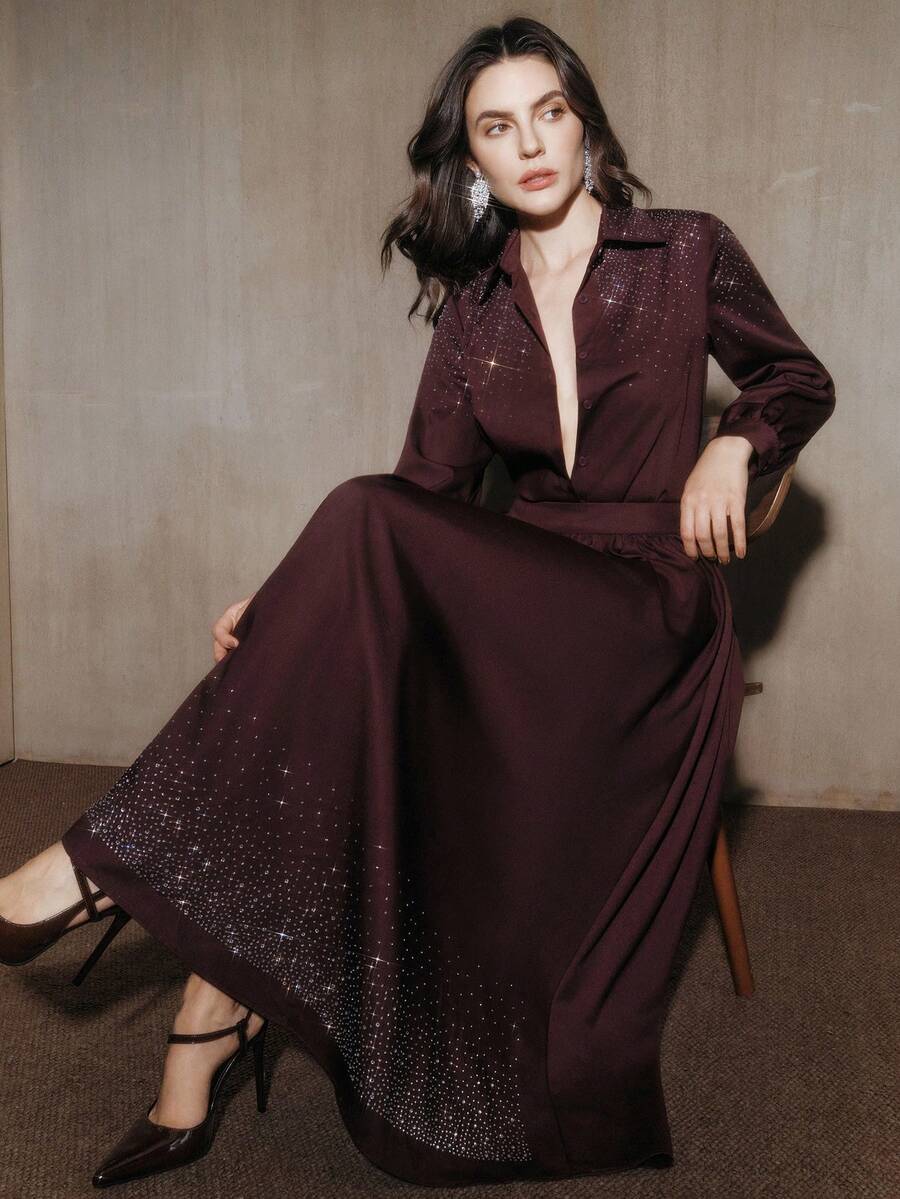 Anewsta Women's Elegant Rhinestone Embellished Long Sleeve Blouse And Waist-Cinched Skirt 2-Piece Set, Suitable For Party, New Year, Christmas - Purple - View 1