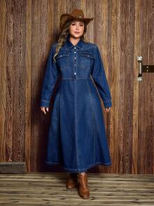 EMERY ROSE Plus Size Women Long Sleeve Button Half Placket Casual Washed Denim Shirt Dress - Dark Wash - View 5