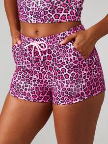 Missguided x Playboy Pink Leopard Print High Waisted Shorts With Drawstring And Rhinestone Details For Summer Festival Casual Wear - Pink - View 1