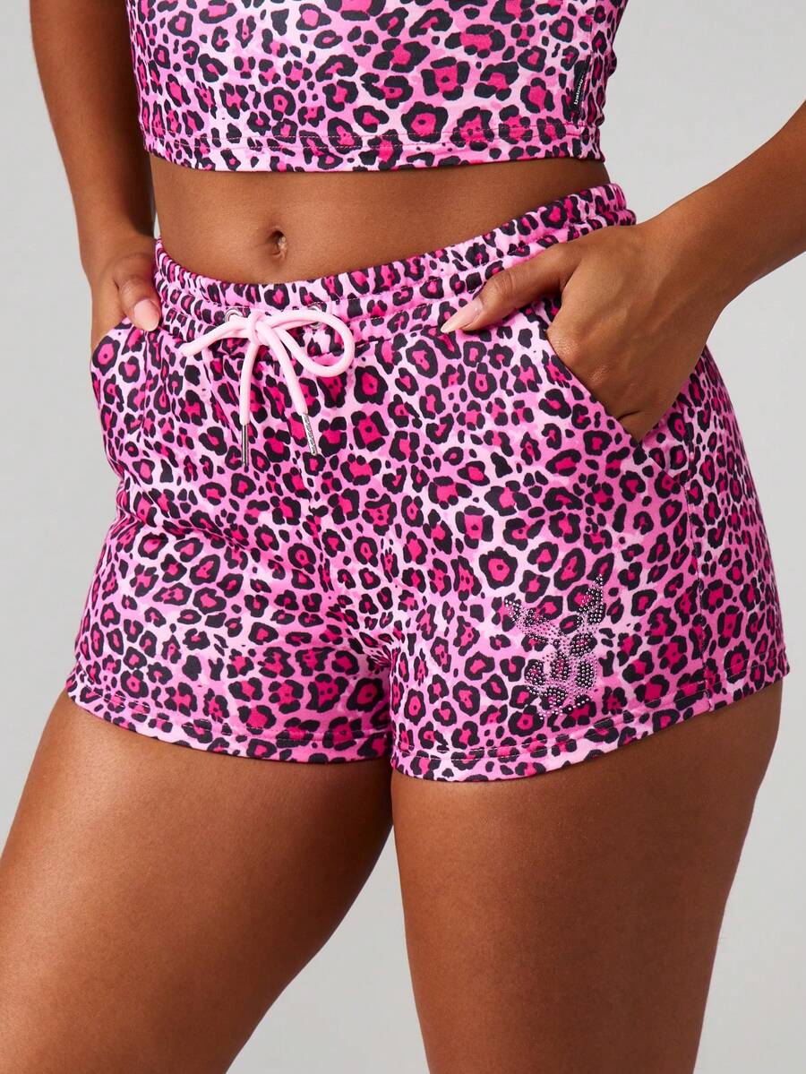 Missguided x Playboy Pink Leopard Print High Waisted Shorts With Drawstring And Rhinestone Details For Summer Festival Casual Wear - Pink - View 1