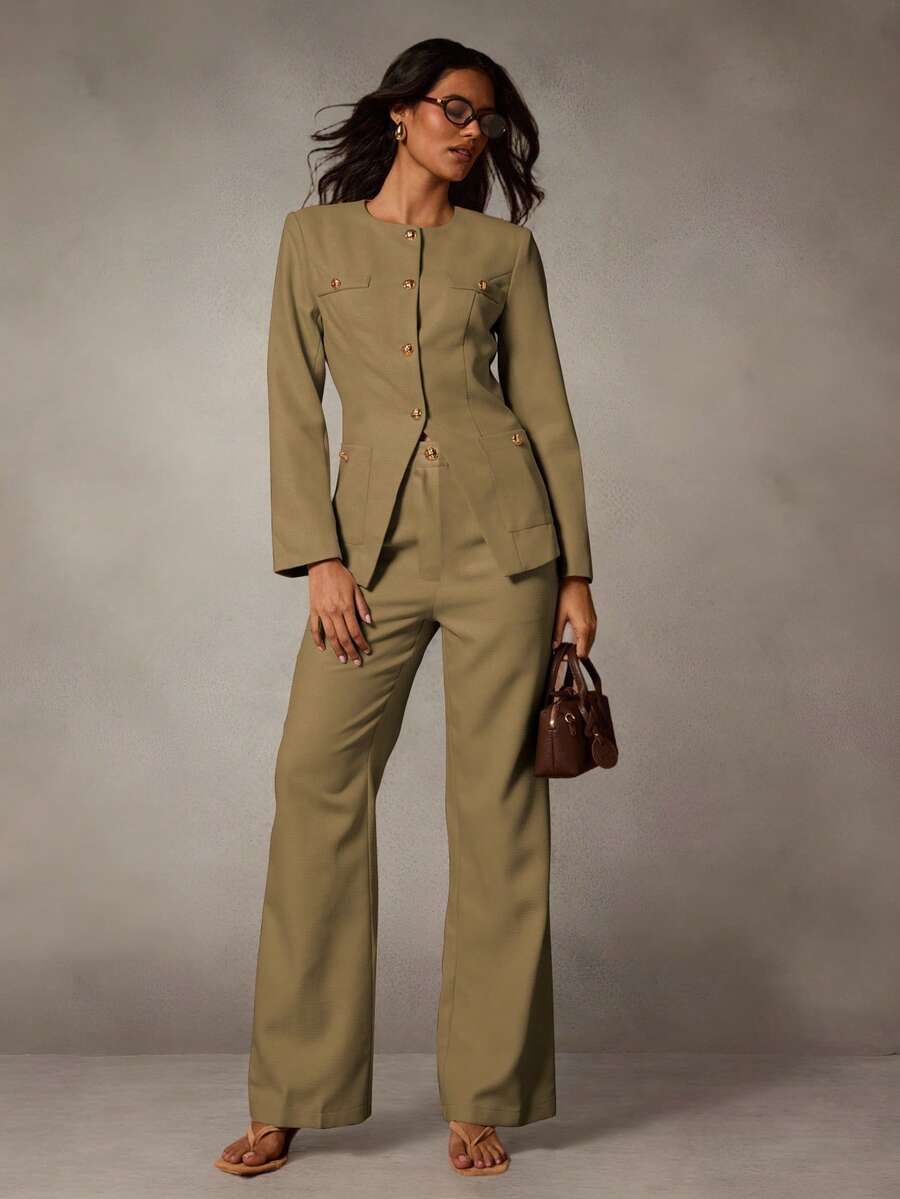 SHEIN Glamour Conjunto de dos piezas para mujer: chaqueta de cuello redondo, manga larga, de un solo botonadura y pantalones; traje casual de negocios; conjunto de dos piezas casual de negocios para mujer; traje de oficina para mujer; traje profesional para mujer - Marrón - Ver 1