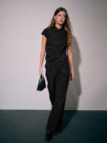 Nöista Two Pieces Coordinated Set Featuring A Short-Sleeve Top And Wide-Leg Pants With Geometric Pattern Detailed Chinese Buttons - Black - View 9