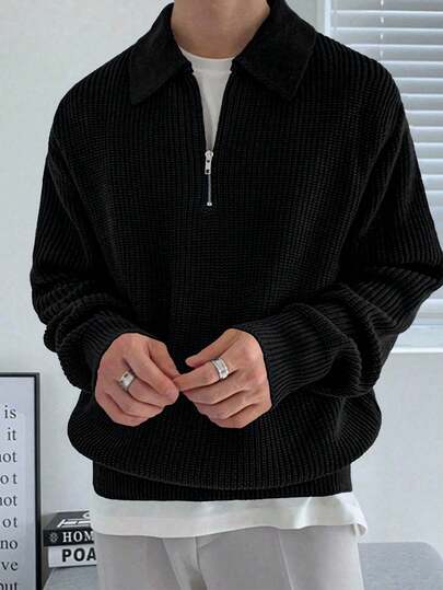 Claim Dot Men 1pc Quarter Zip Ribbed Knit Plain Casual Collared Long Sleeve Sweater, For Going Out, Friends, For Fall Winter