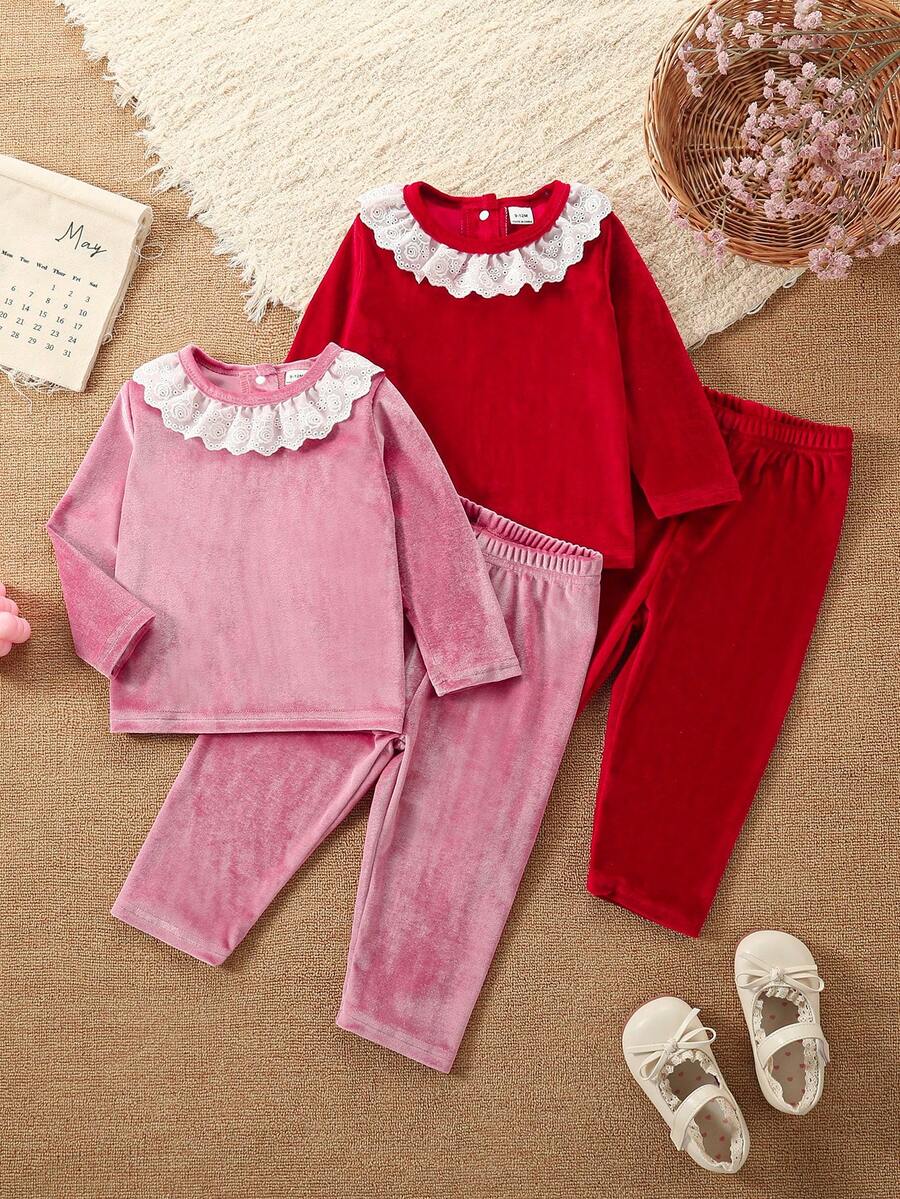 2 piezas Conjunto elegante de ropa para el hogar para niñas, con estampado floral en toda la prenda, top de manga larga con volantes en el bajo y pantalones largos, conjunto casual y de moda para niñas pequeñas, pijamas para niñas - Multicolor - Ver 1