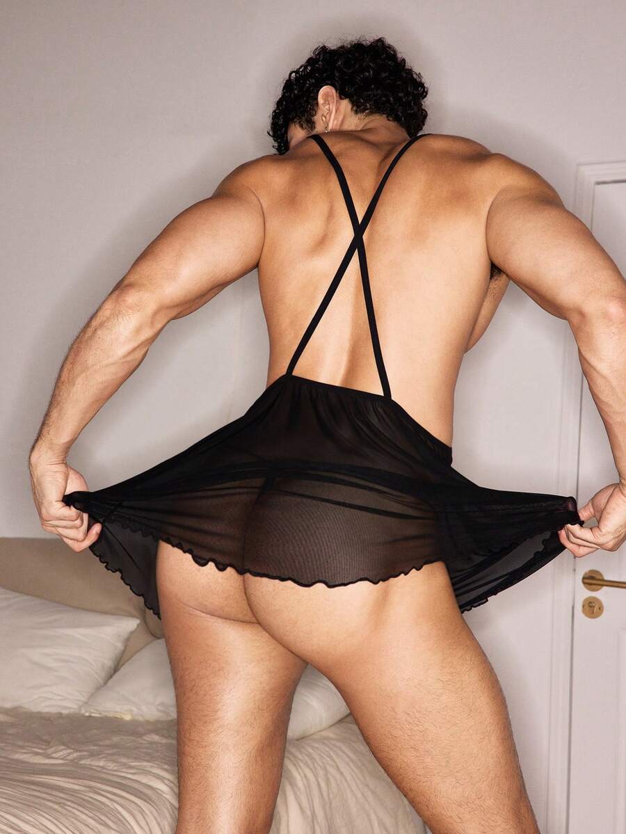 1pc Men's Sexy Lingerie, Black Mesh Sleeveless Alluring High Waist Underwear