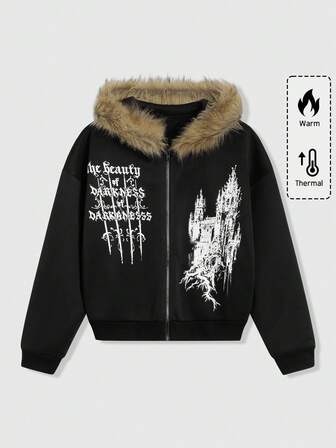 Men's Gothic Autumn/Winter Slogan Castle Pattern Fleece Hooded Zip-Up Casual Sweatshirt Fur Collar