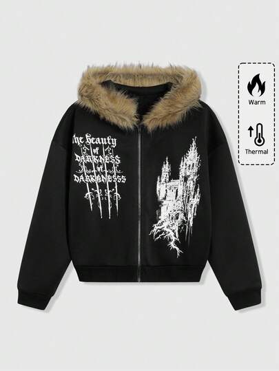 Men's Gothic Autumn/Winter Slogan Castle Pattern Fleece Hooded Zip-Up Casual Sweatshirt Fur Collar