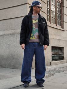 GALLERY FADE Men's Casual Fashion Street Stand Collar Zip-Up Teddy Fleece Jacket, Autumn/Winter - Black - View 3