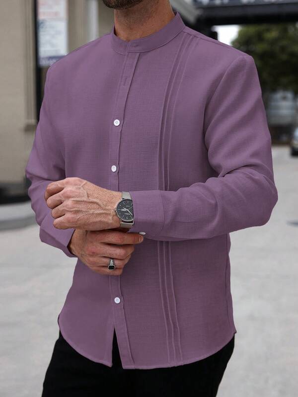 Manfinity Homme Men's Solid Color Long Sleeve Single-Breasted Pleated Casual Shirt