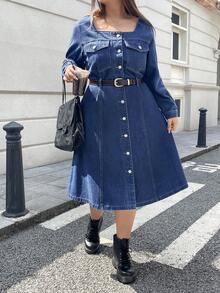 SHEIN EZwear Vestido vaquero de manga larga azul ajustado sin estiramiento de talla grande, para invierno - Azul lavado oscuro - Ver 3