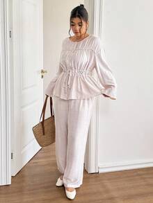 Lounesse Conjunto casual de 2 piezas de blusa y pantalones de talla grande para mujer, de unicolor, con hombros caídos, manga larga, abotonadura sencilla, pliegues, blusa y pantalones, conjunto de lino de 2 piezas, ropa de gasa para mujer, top con cintura ceñida, top de verano modesto - Albaricoque - Ver 4