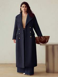 MOTF PREMIUM PLUS WOOL ELEGANT LAPEL COLLAR CINCHED WAIST METAL BUTTON OVERCOAT, AUTUMN/WINTER - Navy Blue - View 4