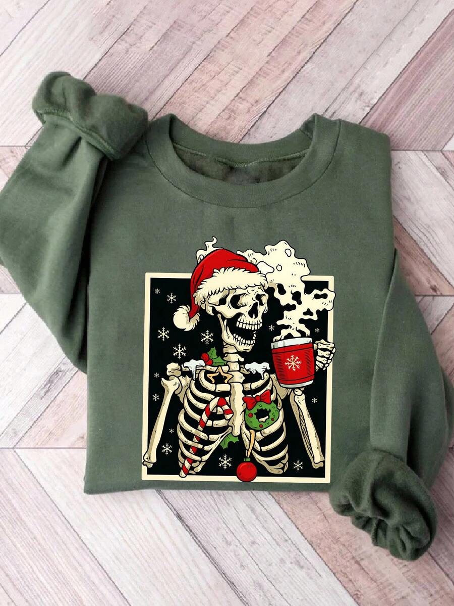 INAWLY Women's Casual Skull Print Crew Neck Long Sleeve Fleece Sweatshirt, Autumn/Winter - Mint Green - View 1